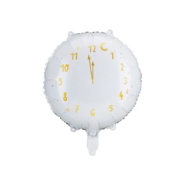 Kvit rund klokke folieballong med gull visarar og tal - 45 cm