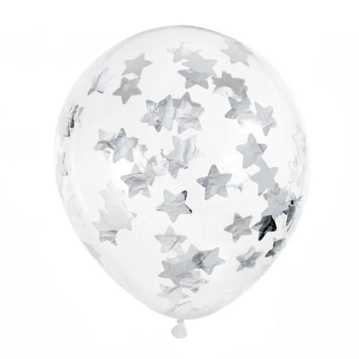 Ballonar med stjerner sølv konfetti - 6x30 cm
