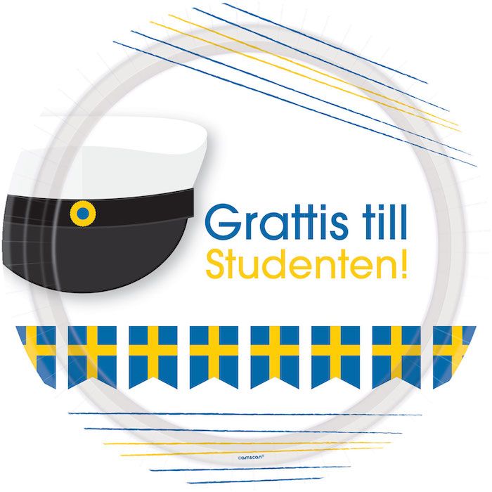 Gratulerer til studenten papp tallerken 8x - 23 cm