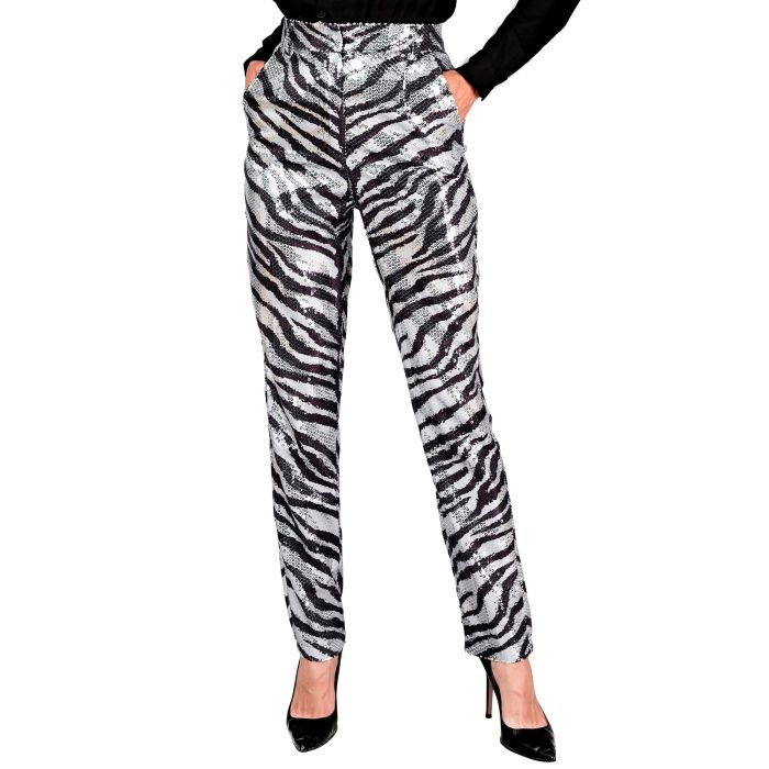 Paljettbukser til dame med zebraprint i sølv