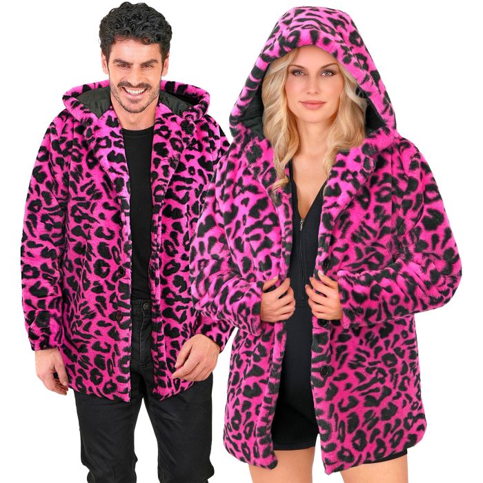 Neon rosa leopardjakke med hette til fest