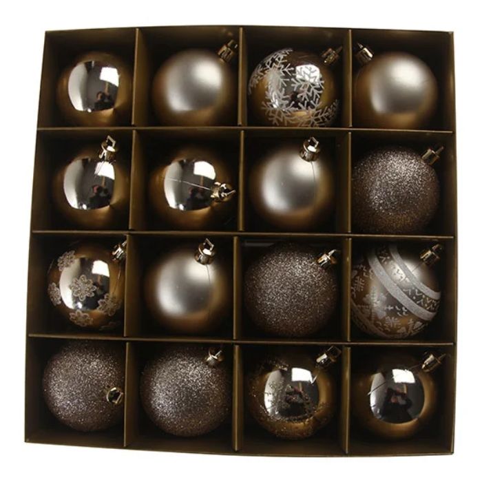 Julekuler med glitring i matte og blanke gull 16x - 6 cm