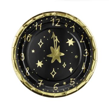 Engangstallerkener nyttår klokka 12 svart 6x - 18cm