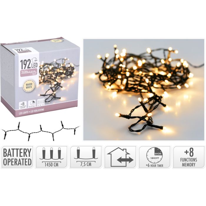 LED lyskjede 192 LED varm kvit batteridreven - 14,5 m 