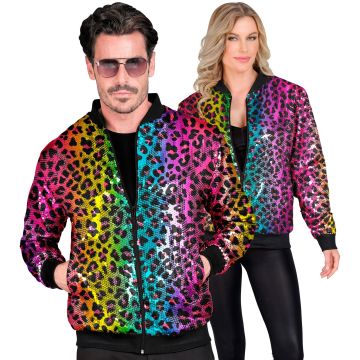 Paljettbomberjakke med leopardprint i regnbue