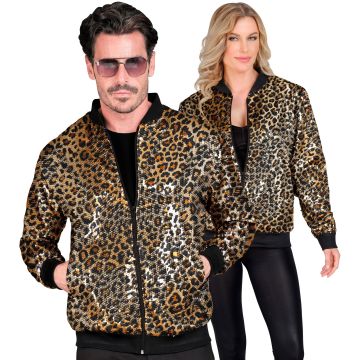 Paljettbomberjakke med leopardprint i gull