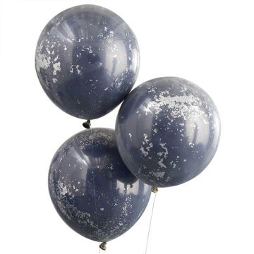 Mørkeblå ballonger med sølvkonfetti 3x - 45 cm