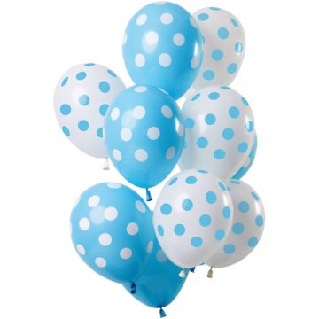 Kvite og blå prikka ballongar 12x - 33 cm