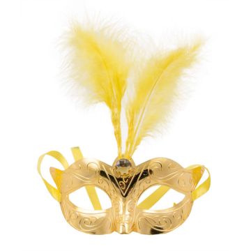 Venetiansk gullmaske med fjær - 23x23 cm