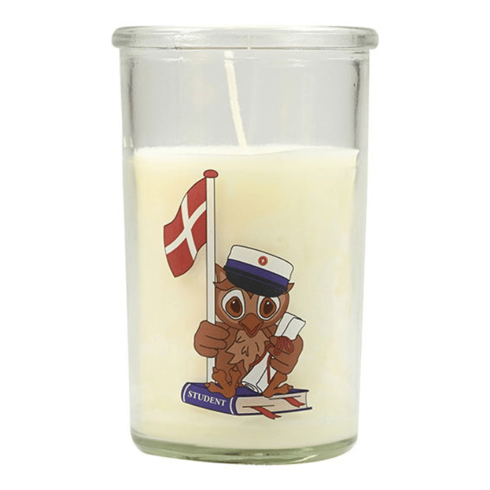 Lys i glass med examenhue ugle motiv blå student Det Gamle Apotek