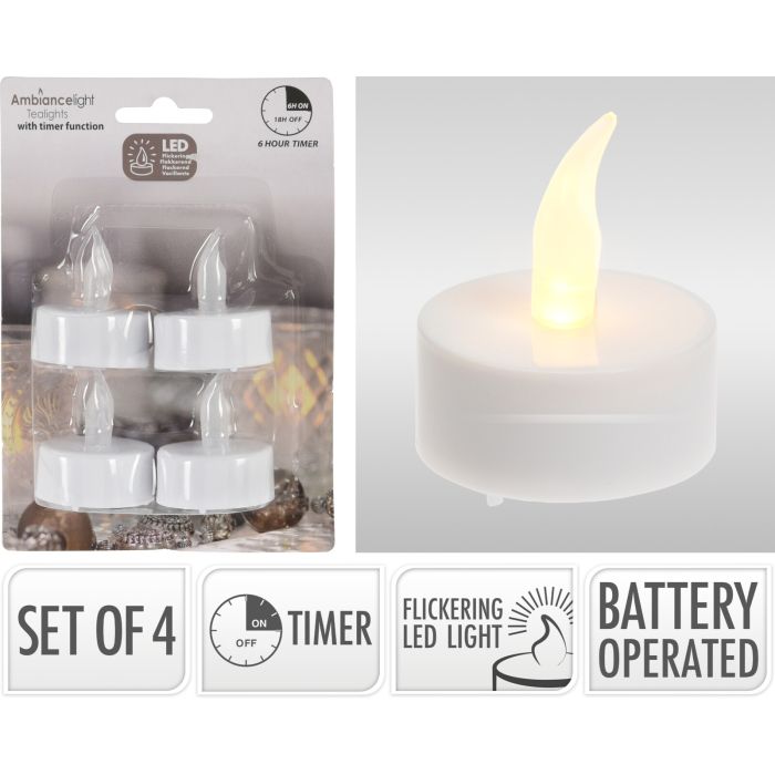 LED-tealights 4 stk. med timer og flakkende lys