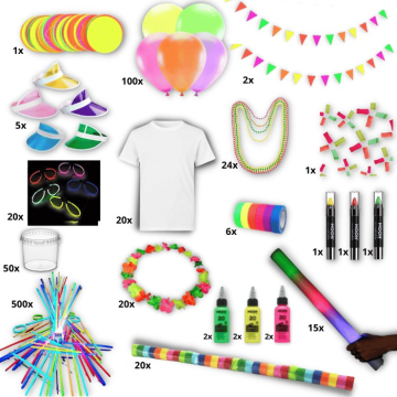 Stor UV Neon festpakke inkl. maling, kneklys, t-skjorter mm.