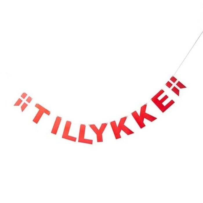 Tillykke Guirlande med dannebrog flag raud 3,8m Det Gamle Apotek