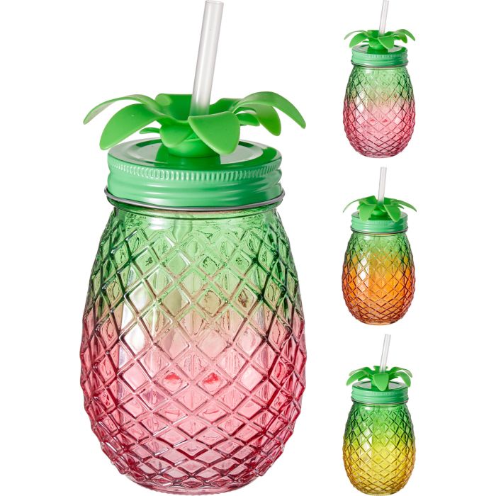 Drikkeglass formet som ananas med lokk og sugerør, 400 ml