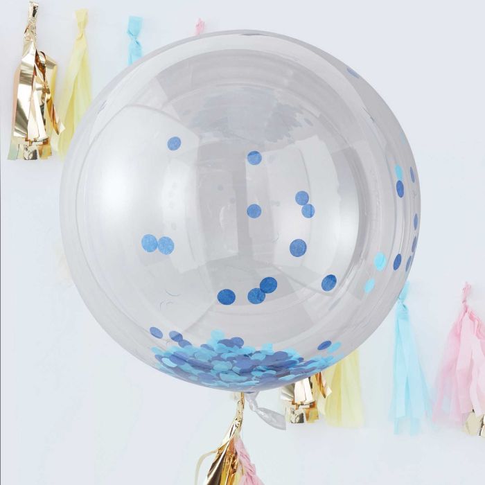 Store Runde Ballongar med Blå Konfetti 3x - 90 cm