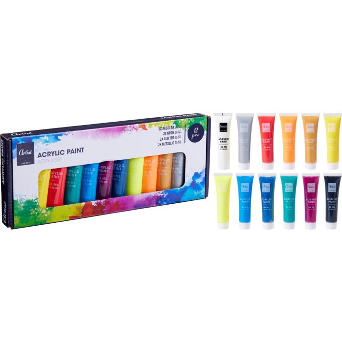 Akrylmaling i 12 farger, 12 tuber à 36 ml