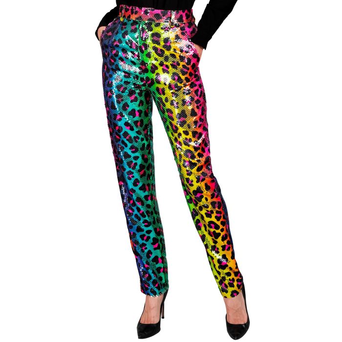 Paljettbukser for damer med leopardprint i regnbue