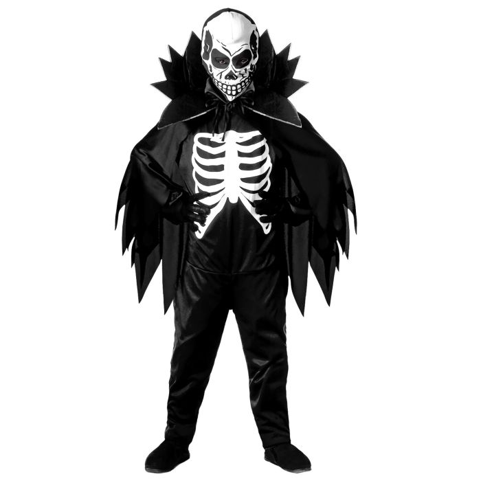 Skeletkostyme for gutter i svart med kappe