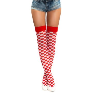 Over-knee strømper one-size rutete raud og kvit