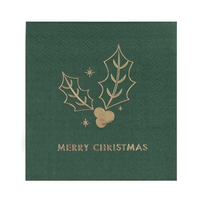 Grønne Merry Christmas Serviettar med Gull 16x
