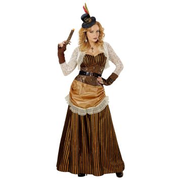 Stripete steampunk kjole i brunt og gull