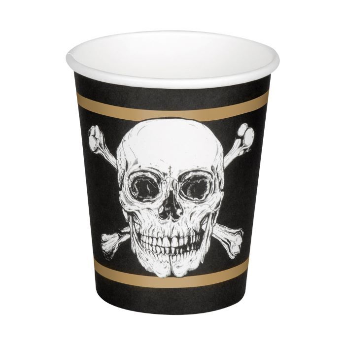 Piratkrus med dødningehovud og gullstriper 10x - 210 ml