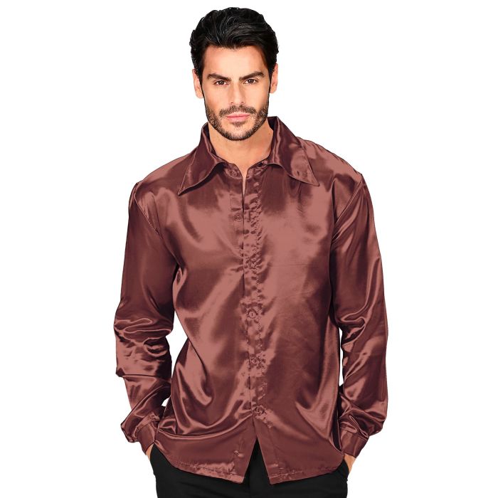 Satin diskoskjorte i brun for herrer