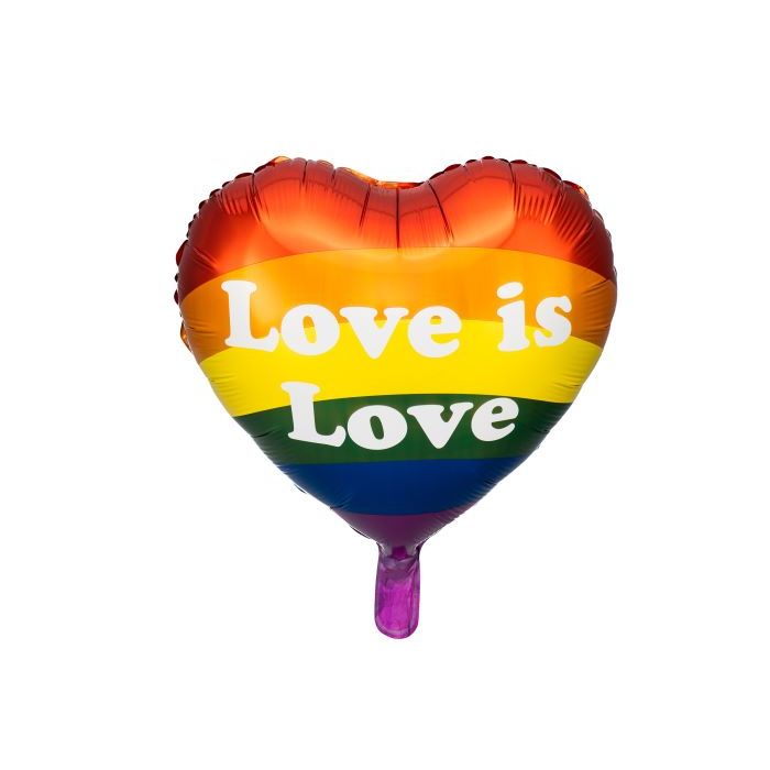Regnbuefarga pride hjerte folieballong med kvit skrift - 35 cm