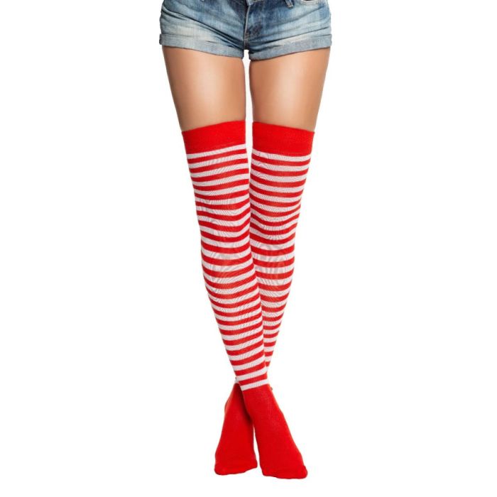 Over-knee strømper one-size raud og kvit
