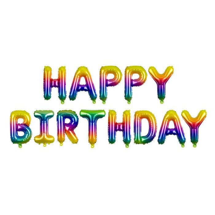 Regnbuefarga Happy Birthday bokstav folieballonger - 340x35 cm