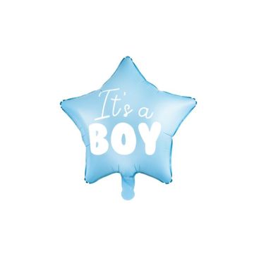 Lyseblå babyshower stjerne folieballong med kvit tekst gutt - 48 m