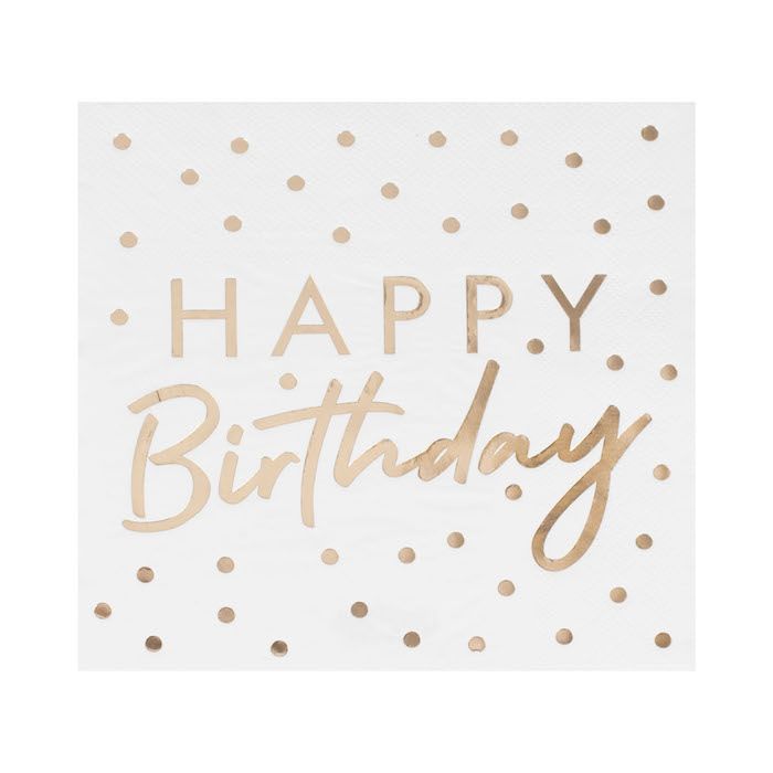 Gullprikkete Happy Birthday Serviettar - 16,5x16,5 cm