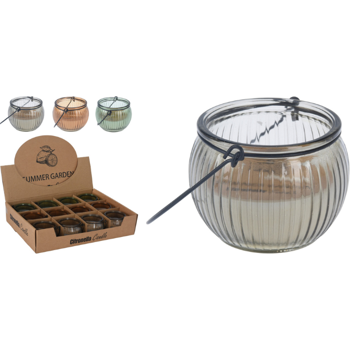 Citronella lys i assortert farga glas 76x76x61 mm