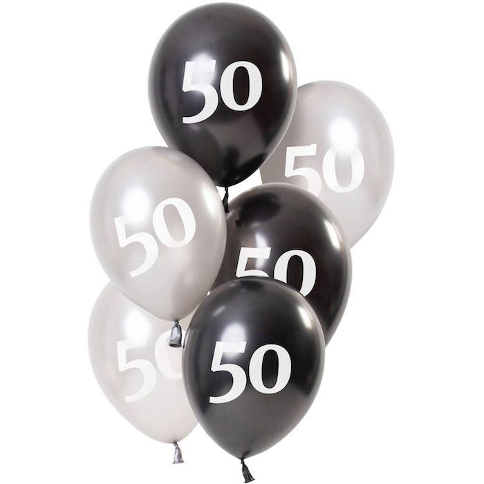 50 års ballongar, metallisk svart og sølv 6x - 23 cm