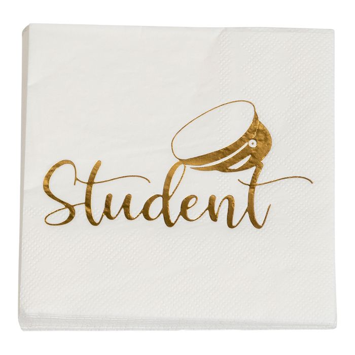Servietter med studentmotiv gull 16x - 33x33 cm