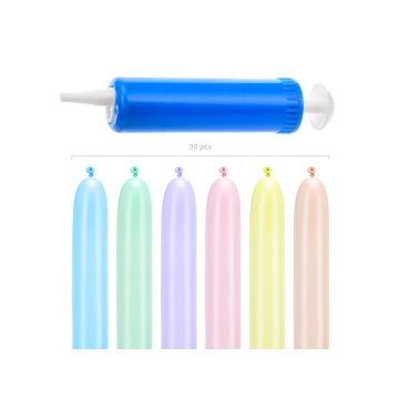 Modellering av ballondyr sett med pastel fargede ballonger og pumpe 30 delar - 130 cm