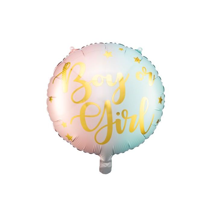 Lyserød og blå pastel farga gender reveal folieballong med gullskrift - 35 cm