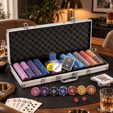 Pokersett 500 Royal Flush chips 14g. aluminiums koffert high stakes PartyVikings 