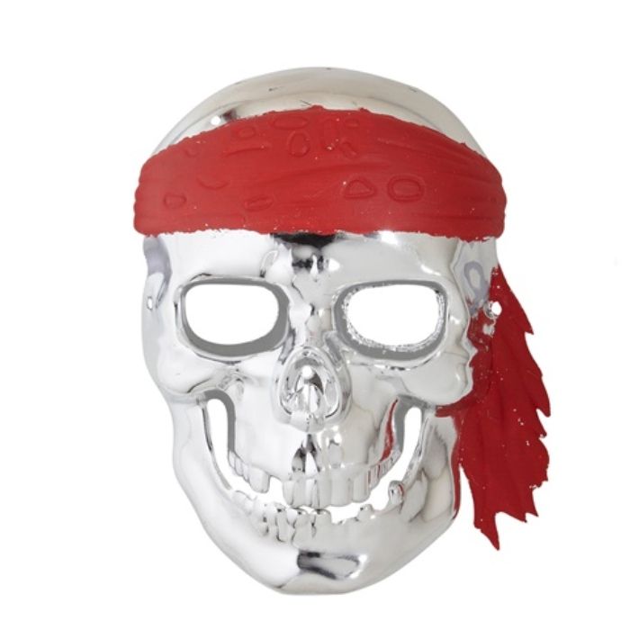 Sølv pirat skjeletmaske med raud bandana - onesize