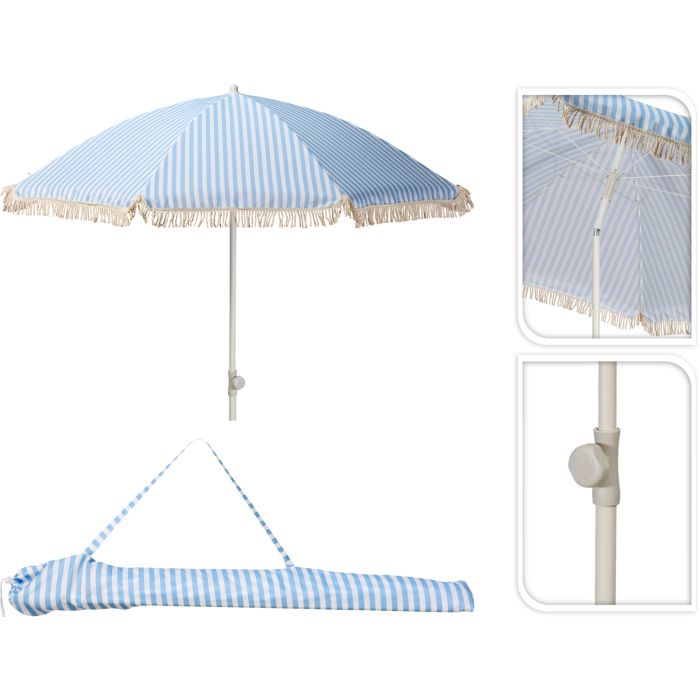 Parasol med frynser, blå og råhvit stripet, Ø 180 cm