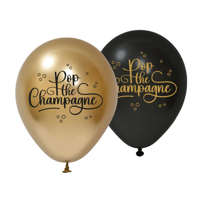 Gull og svart ballonger 8x Pop the Champagne - 30 cm