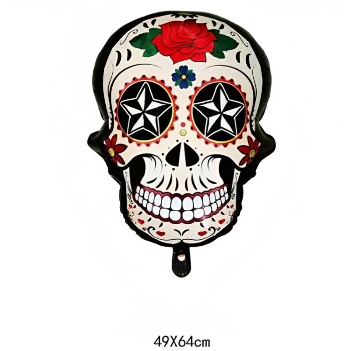 Oppustelig Day of the Dead kranie med rød rose motiv
