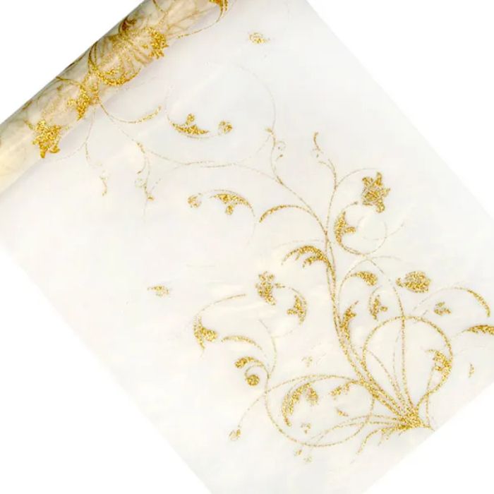 Organza bordløpar kremfarga med gullmønster 0,36x9 m