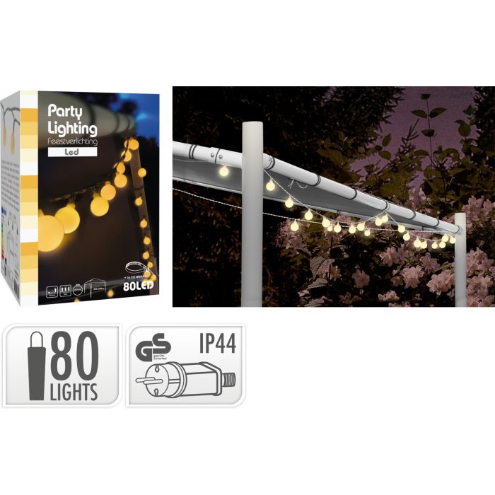 Lyskjede med 80 LED i varm hvit og hvite kuler