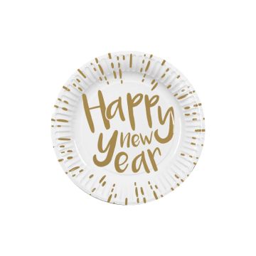 Paptallerkener kvit happy new year 10x - 23 cm