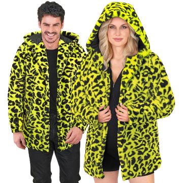 Neon gul leopardjakke med hette til fest