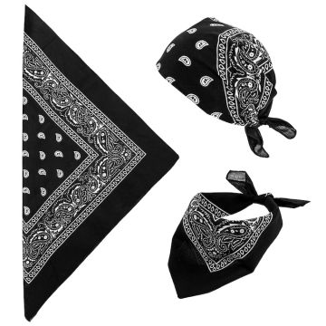 Svart bandana m. kvitt mønster - 55x55 cm
