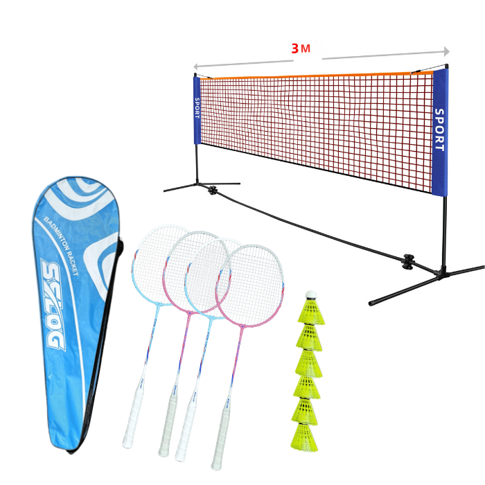 Badmintonsett med nett, 4 ketchere og 6 baller