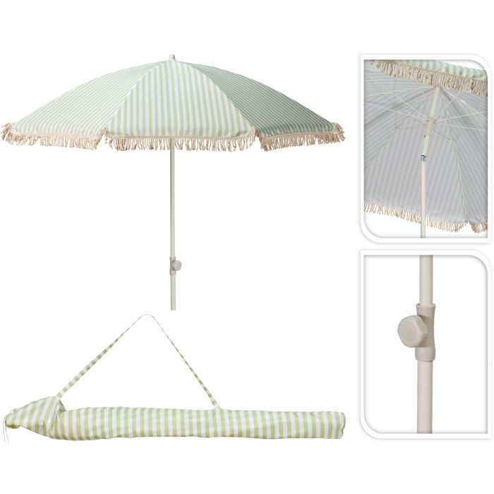 Parasoll med fringer, grønn og råhvit striped, Ø 180 cm