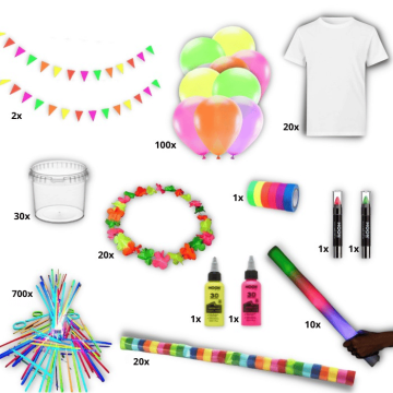 UV neon festpakke inkl. maling, pynt, t-skjorter mm 